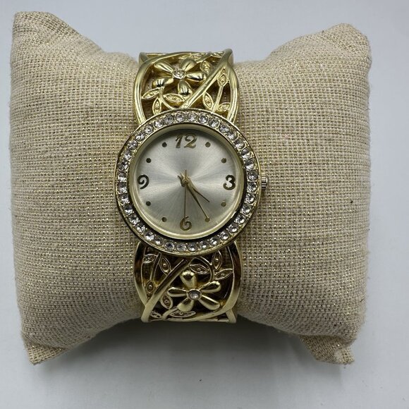 Floral Cuff Band Watch Gold Tone Women Rhinestone Bezel New Battery 6.5 Inch - Picture 1 of 11